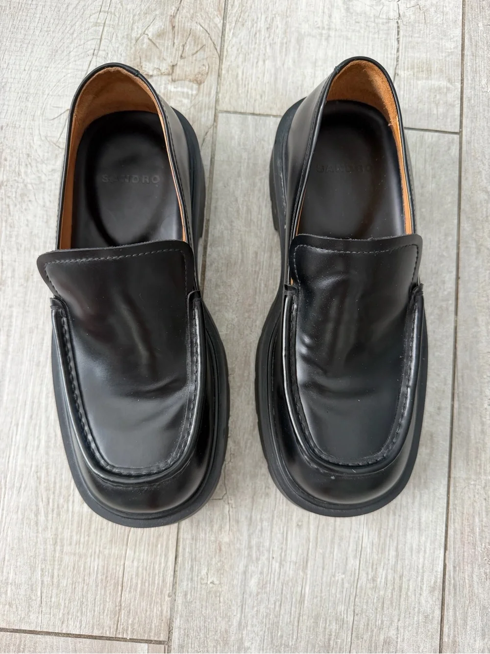 Sandro Paris H23 Square Loafers Black Leather Lug Sole EU 43 Men’s US 10
